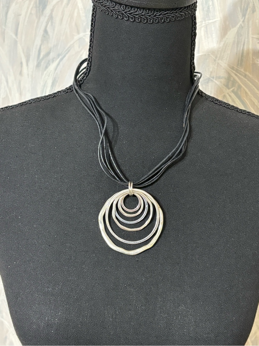 Anne Klein Silver Multi-Ring Pendant Toggle Necklace with Black Cord 18”+1”
